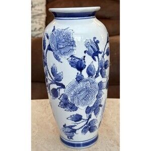 Arita Japanese Floral Cobalt Blue and White porcelain vase 10” tall Vintage MINT